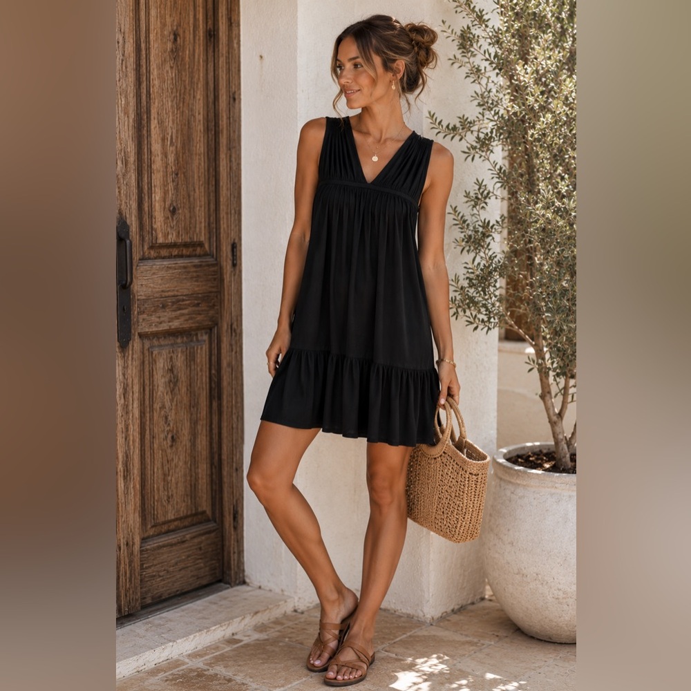 Banana Republic Black Sleeveless Midi Dress M V-Neck Tiered Flowy Lined Classic